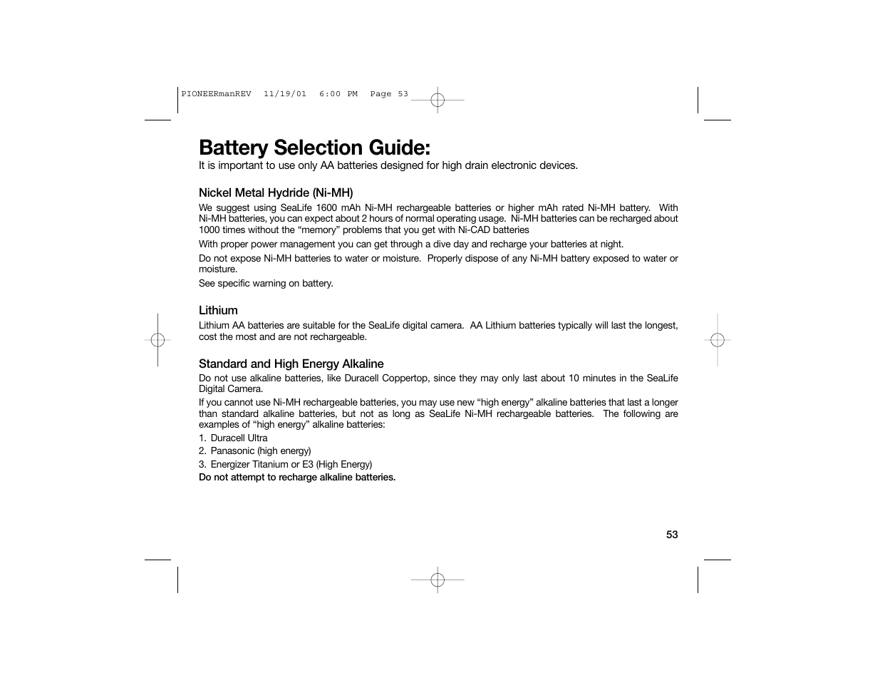 Battery selection guide | Sealife DC100 User Manual | Page 62 / 66
