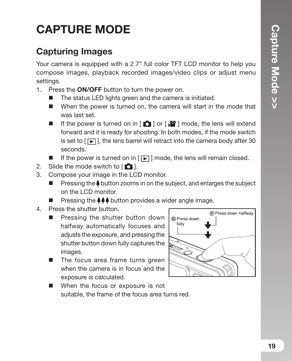 Capture mode, Capturing images, 19 capture mode | Captur e mode | Sealife DC800 User Manual | Page 21 / 80