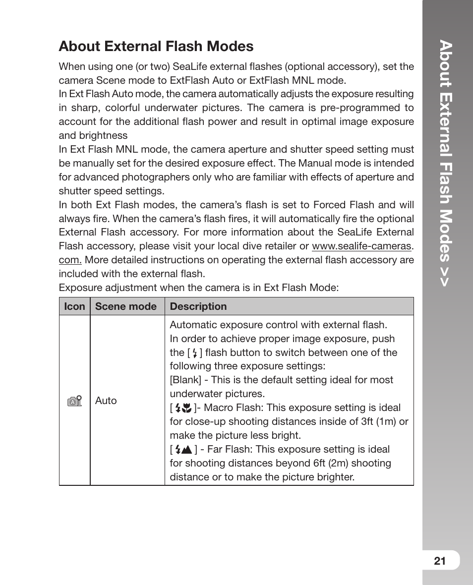 About external flash modes, About exter nal flash modes | Sealife DC800 User Manual | Page 23 / 80