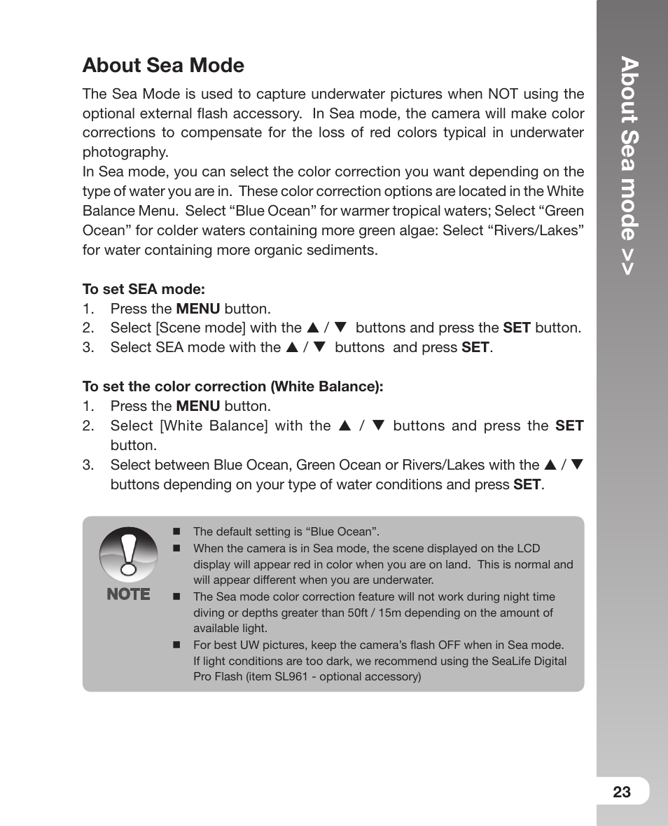 About sea mode | Sealife DC800 User Manual | Page 25 / 80