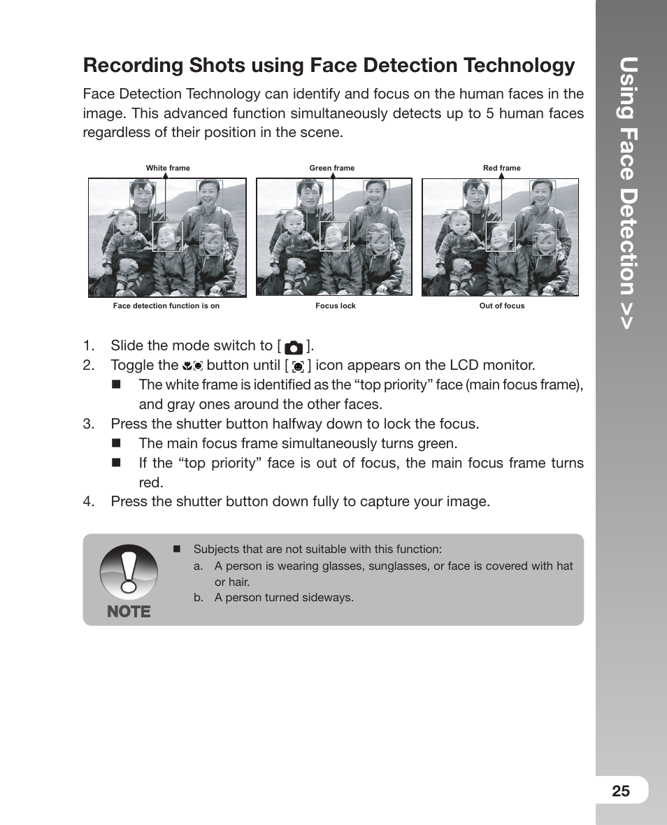 Recording shots using face detection technology, Using face detection | Sealife DC800 User Manual | Page 27 / 80