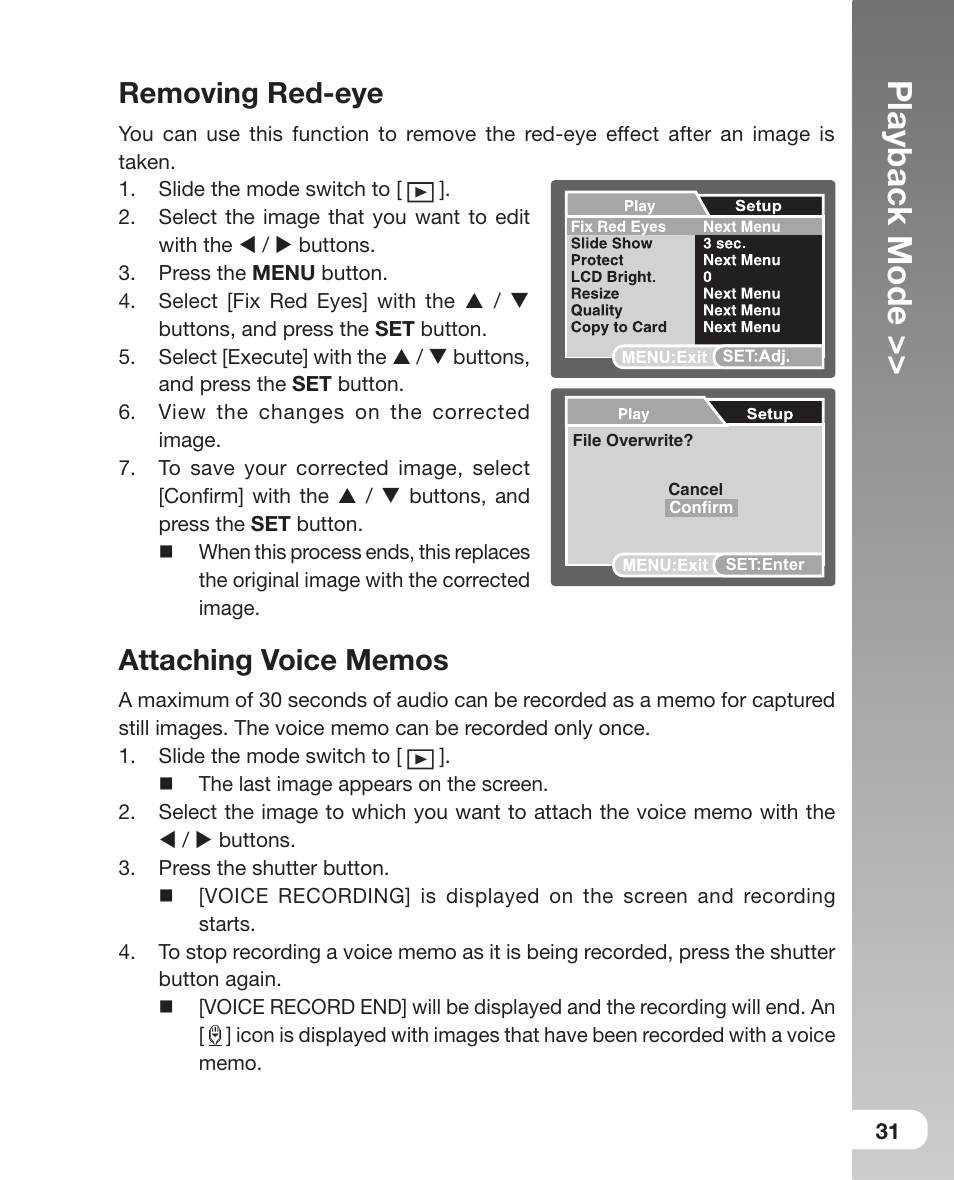 Removing red-eye, Attaching voice memos, Playback mode | Sealife DC800 User Manual | Page 33 / 80