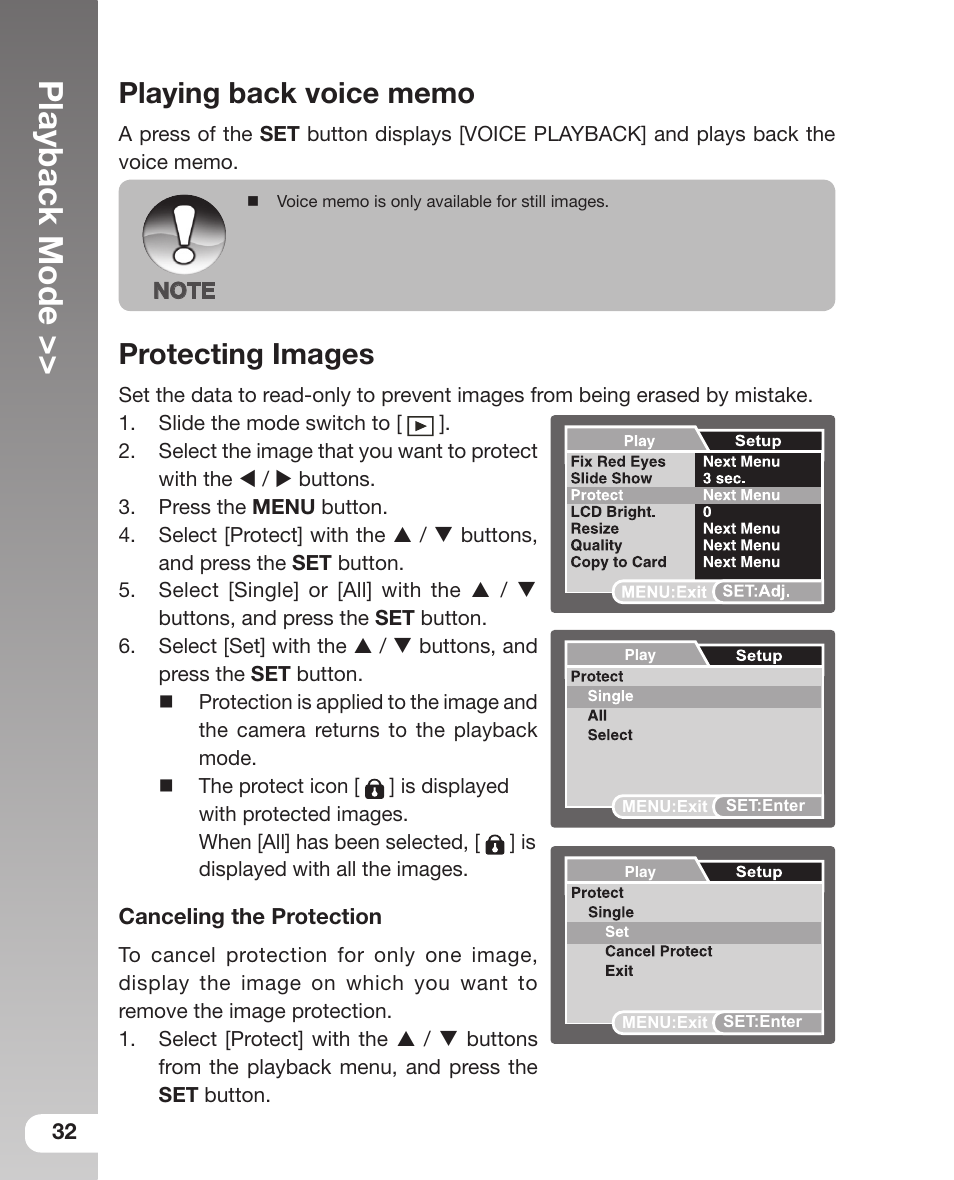 Playing back voice memo, Protecting images, Playback mode | Sealife DC800 User Manual | Page 34 / 80