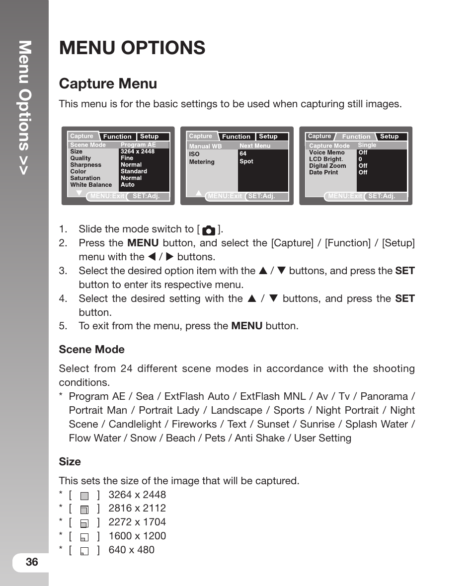 Menu options, Capture menu, 36 menu options | Sealife DC800 User Manual | Page 38 / 80