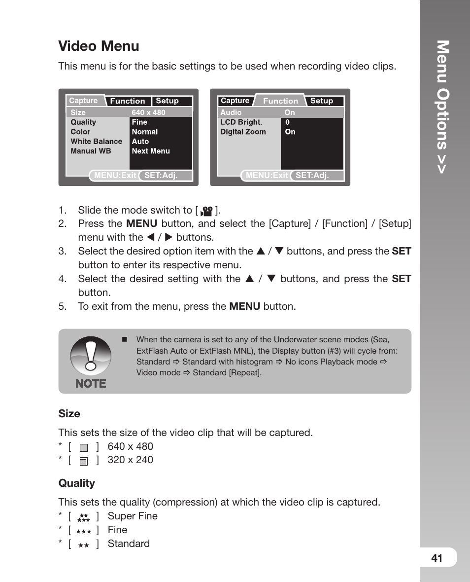 Video menu, Menu options | Sealife DC800 User Manual | Page 43 / 80
