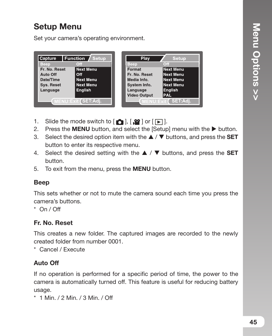 Setup menu, Menu options | Sealife DC800 User Manual | Page 47 / 80
