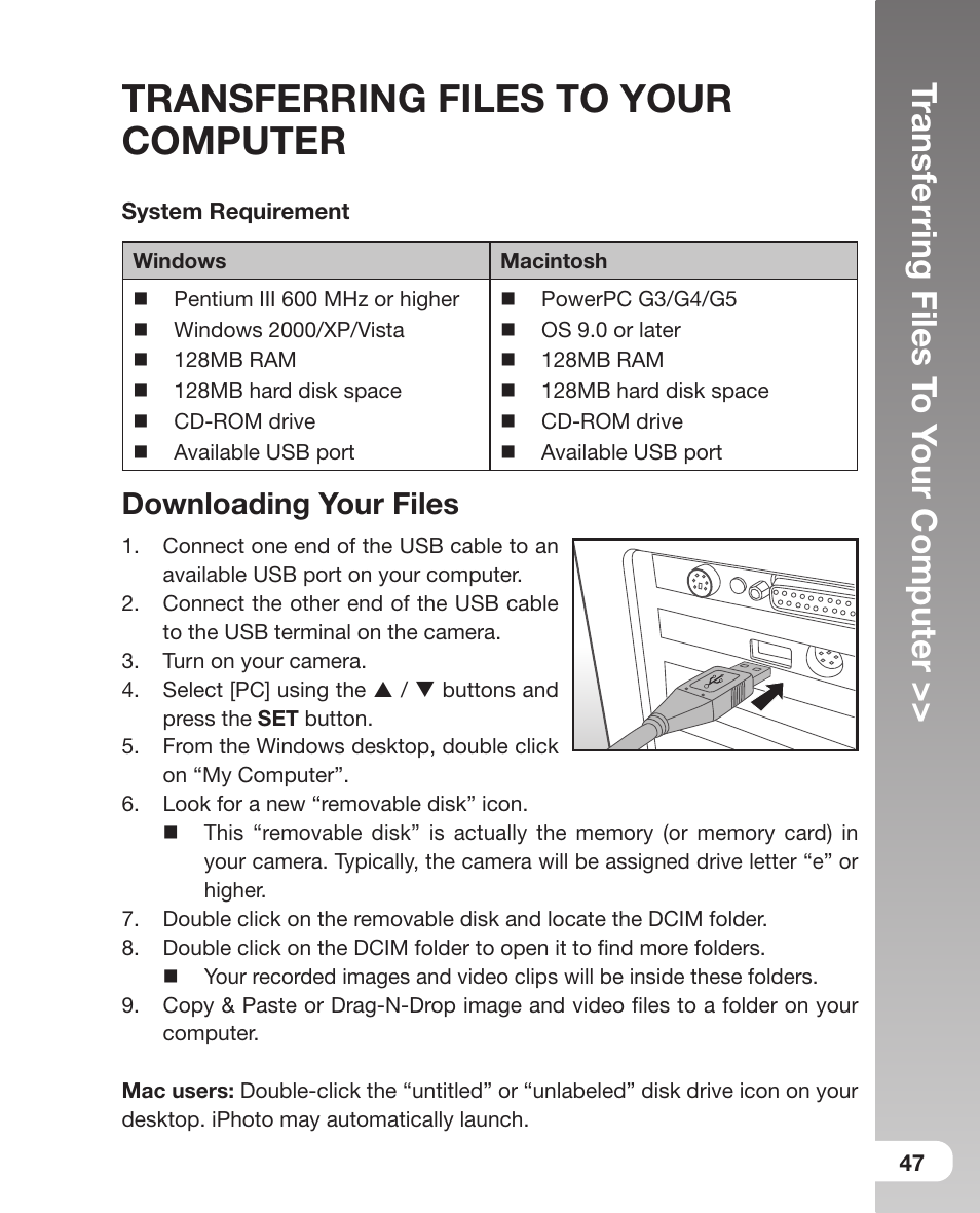 Transferring files to your computer, Downloading your files, 47 transferring files to your computer | Sealife DC800 User Manual | Page 49 / 80