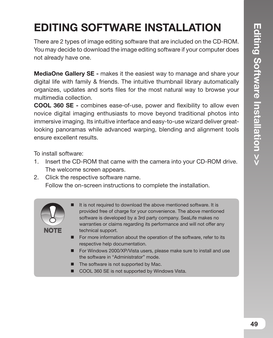 Editing software installation, 49 editing software installation, Editing softwar e installation | Sealife DC800 User Manual | Page 51 / 80