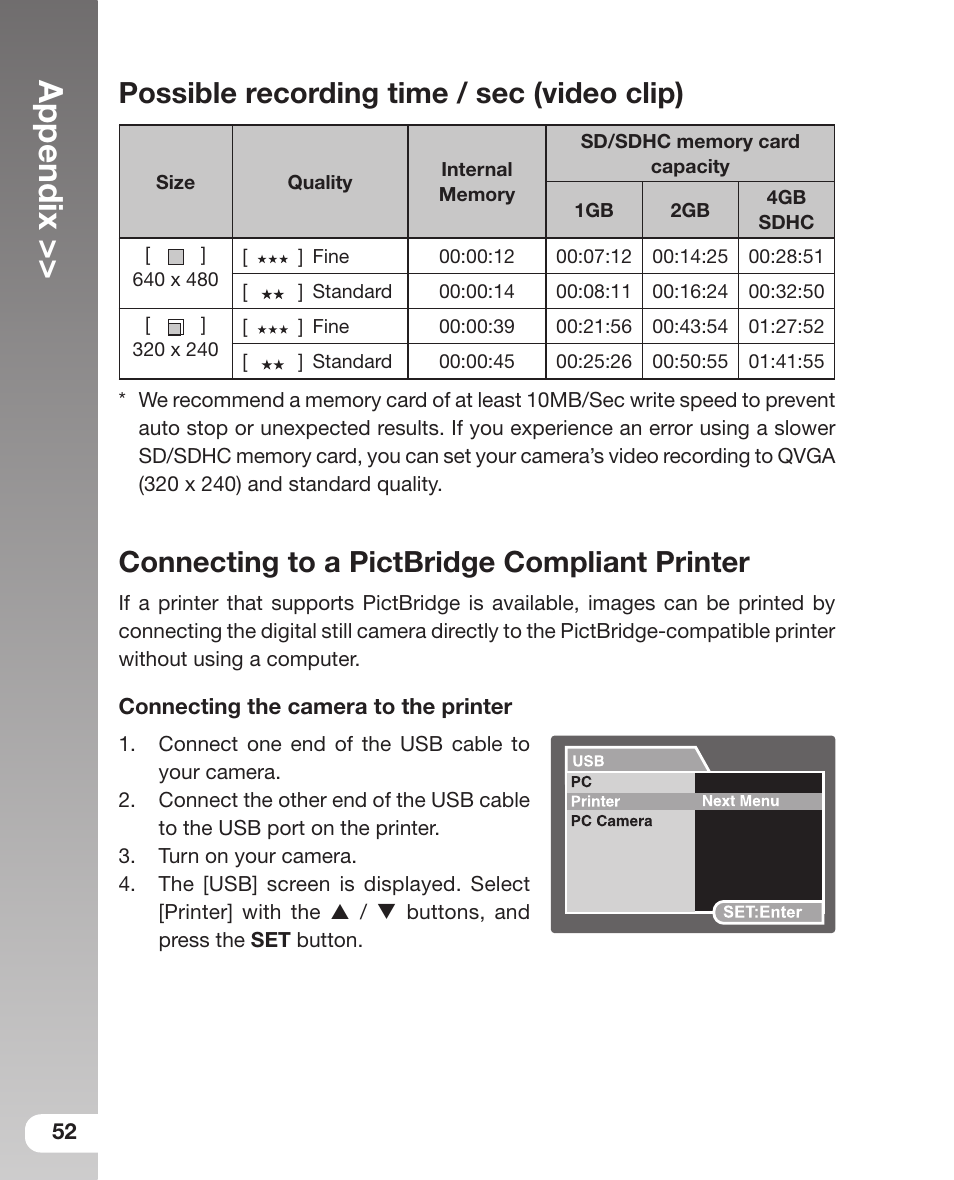 Possible recording time / sec (video clip), Connecting to a pictbridge compliant printer, Appendix | Sealife DC800 User Manual | Page 54 / 80