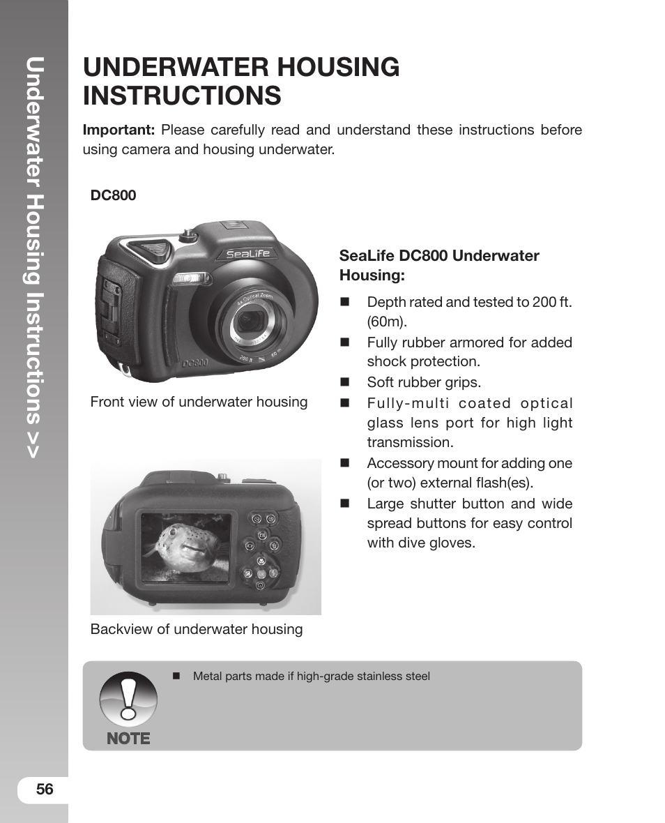 Underwater housing instructions, 56 underwater housing instructions | Sealife DC800 User Manual | Page 58 / 80
