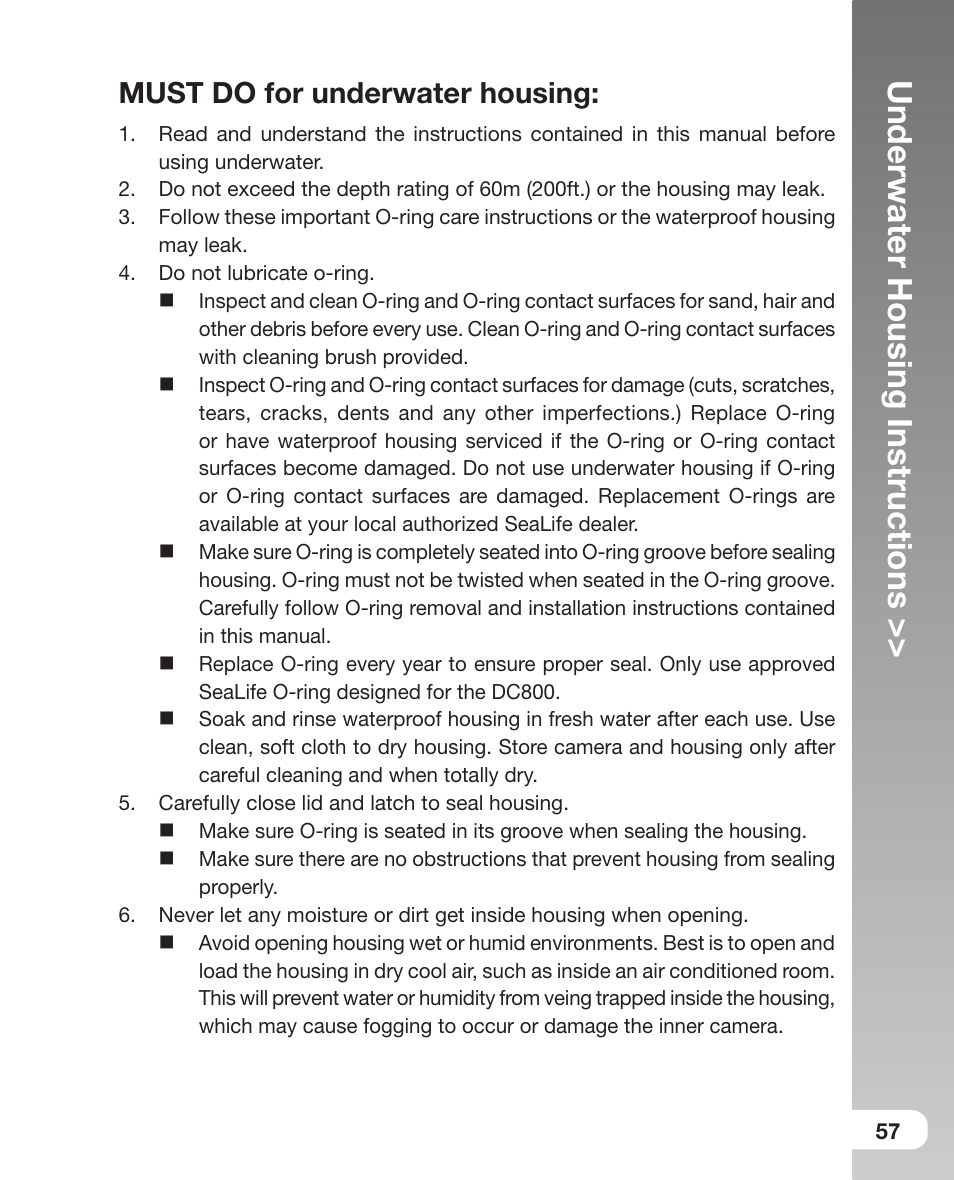 Must do for underwater housing, Underwater housing instructions | Sealife DC800 User Manual | Page 59 / 80