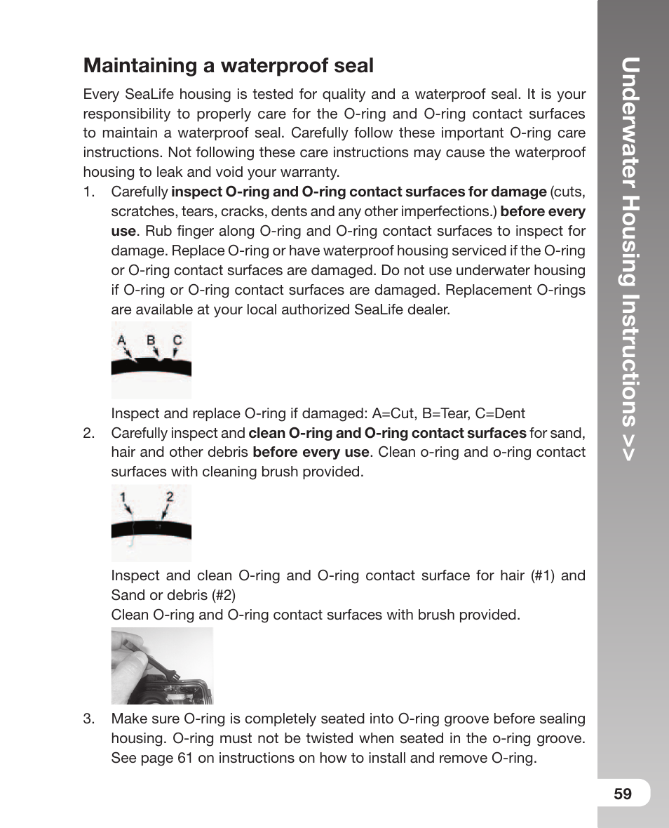 Maintaining a waterproof seal, Underwater housing instructions | Sealife DC800 User Manual | Page 61 / 80