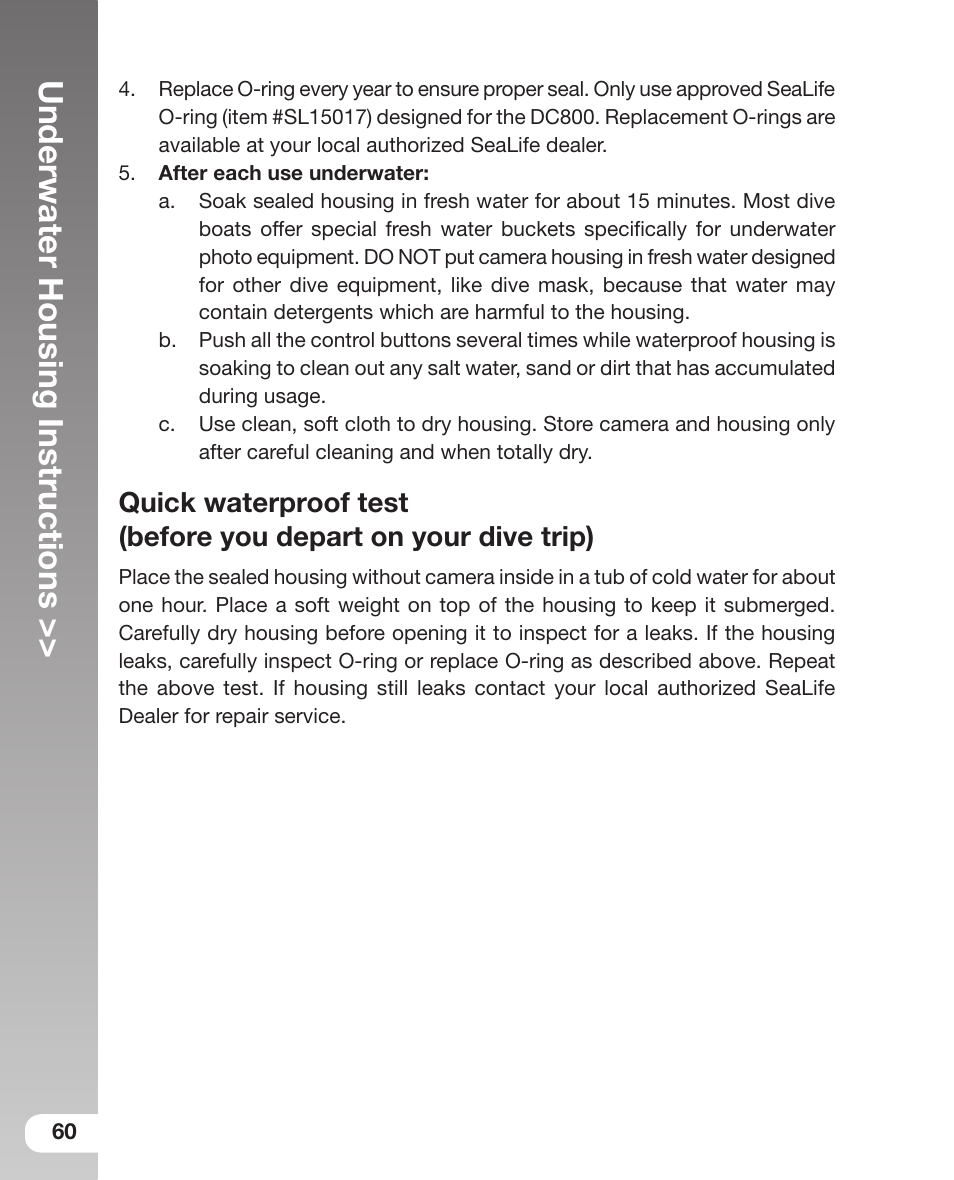 Underwater housing instructions | Sealife DC800 User Manual | Page 62 / 80