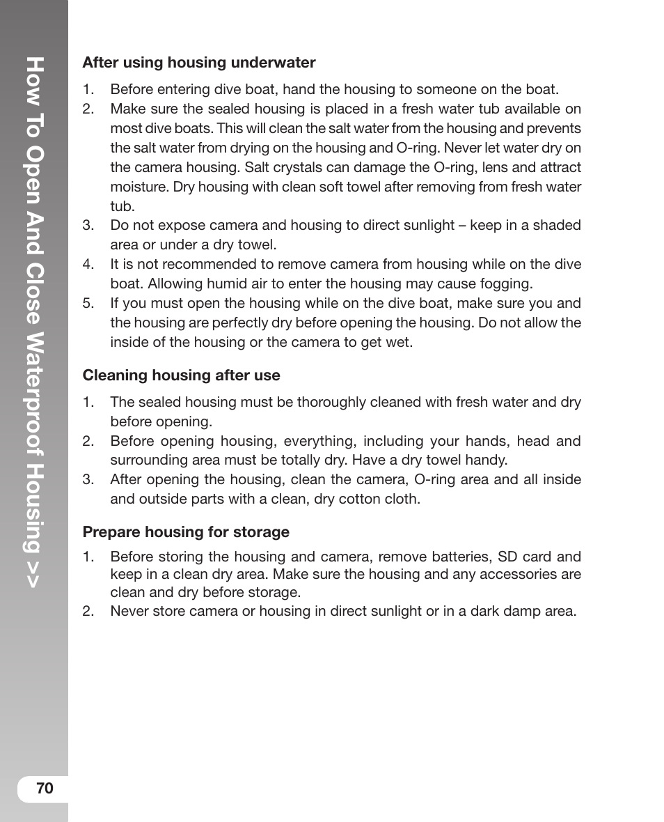 How t o open and close w aterpr oof housing | Sealife DC800 User Manual | Page 72 / 80