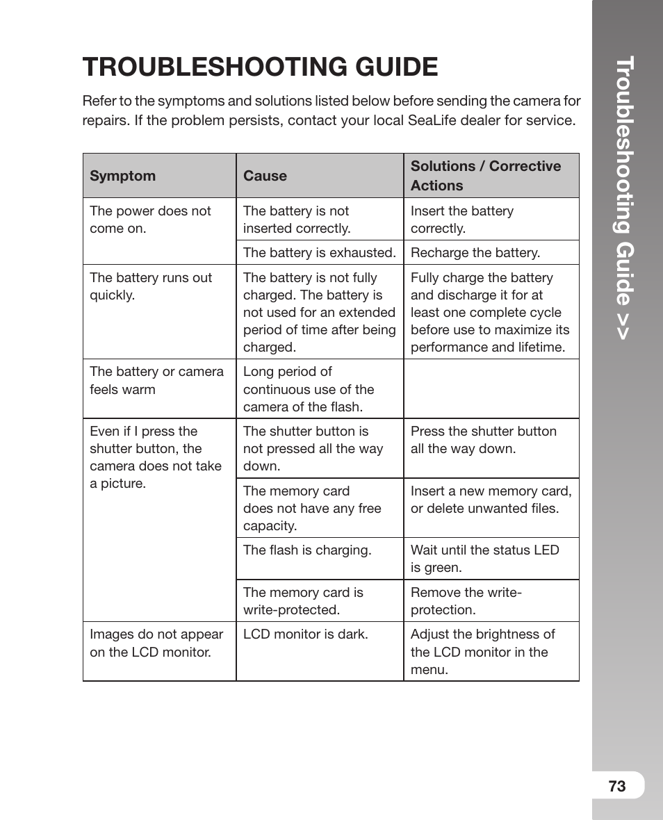 Troubleshooting guide, 73 troubleshooting guide, Tr oubleshooting guide | Sealife DC800 User Manual | Page 75 / 80