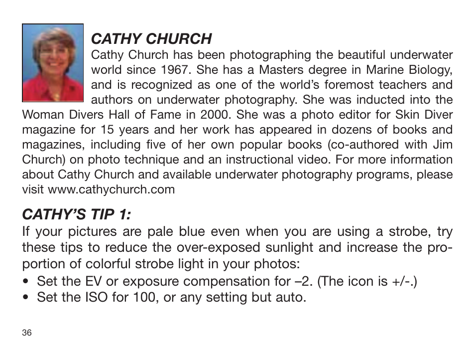 Cathy church, Cathy’s tip 1 | Sealife DIGITAL FLASH User Manual | Page 38 / 60