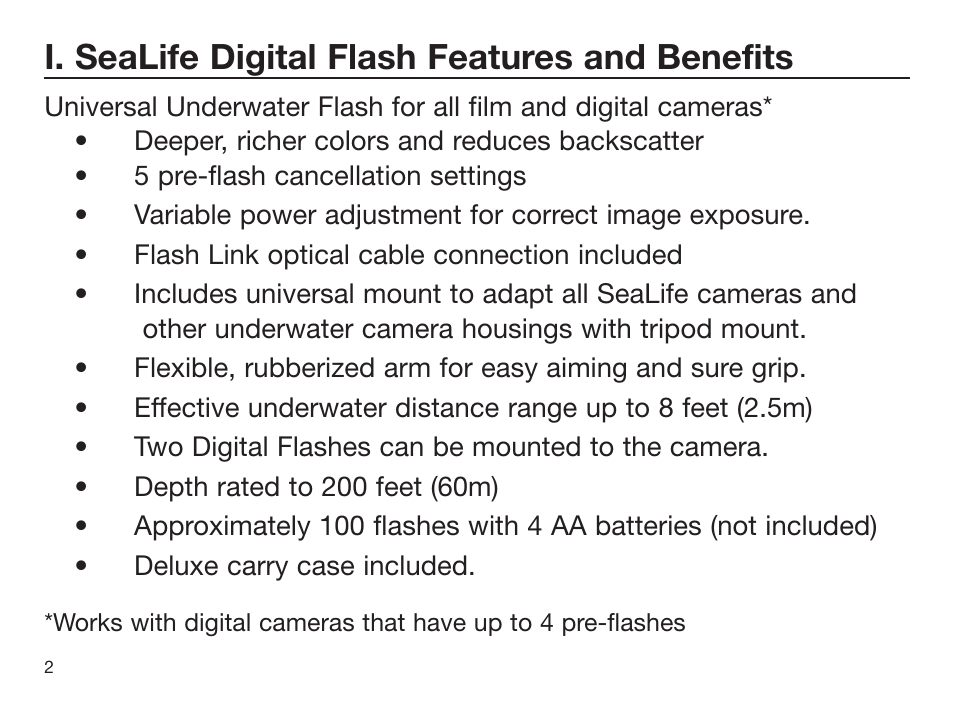 I. sealife digital flash features and benefits | Sealife DIGITAL FLASH User Manual | Page 4 / 60