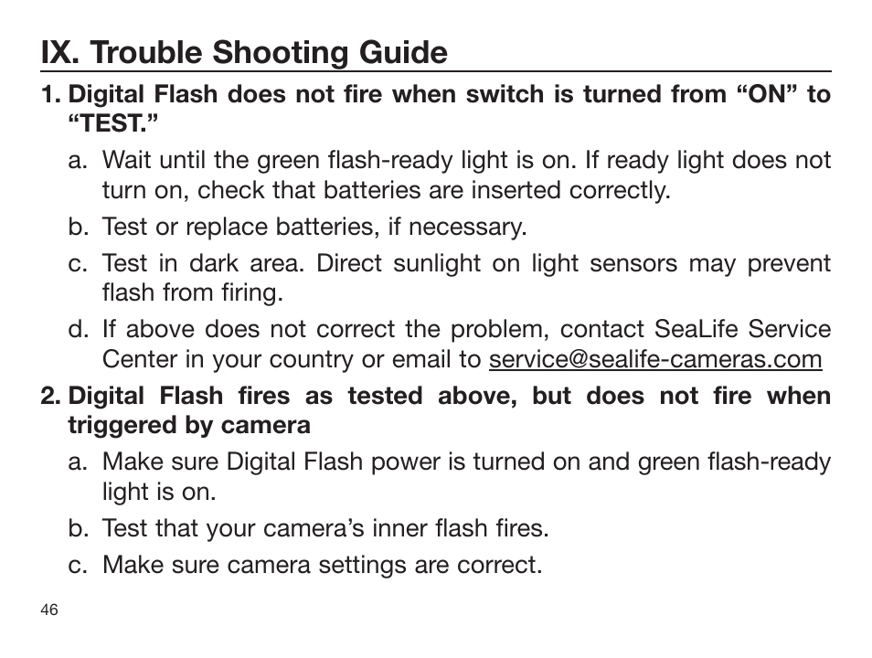 Ix. trouble shooting guide | Sealife DIGITAL FLASH User Manual | Page 48 / 60