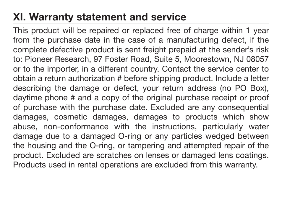 Xi. warranty statement and service | Sealife DIGITAL FLASH User Manual | Page 59 / 60