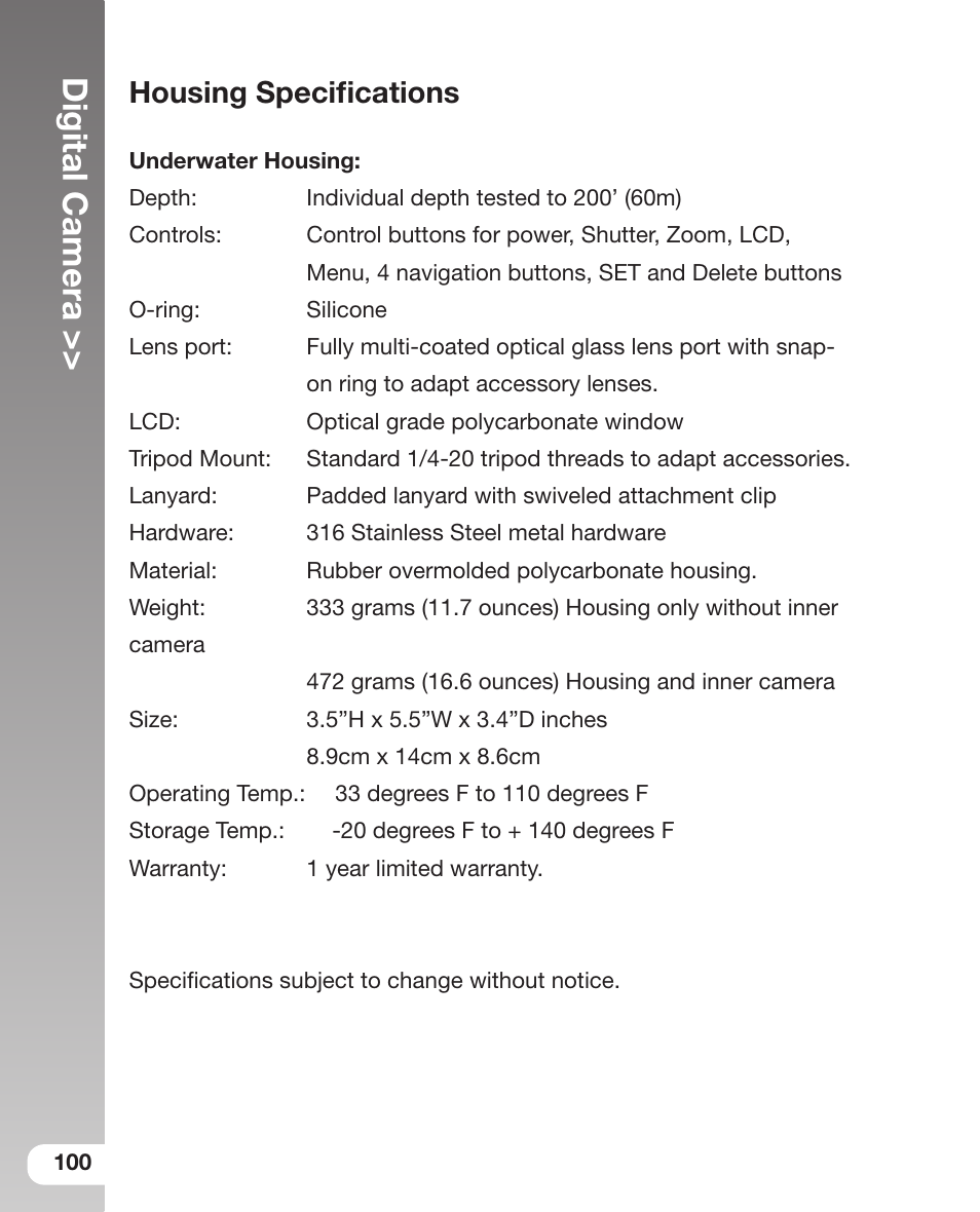Digital camera, Housing speciﬁcations | Sealife DC 600 User Manual | Page 102 / 104