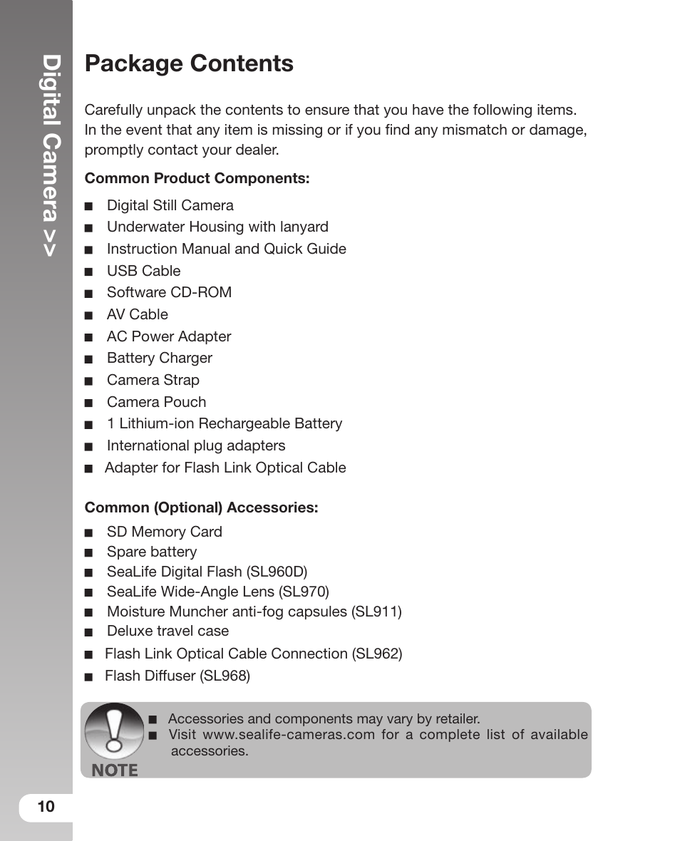 Digital camera, Package contents | Sealife DC 600 User Manual | Page 12 / 104