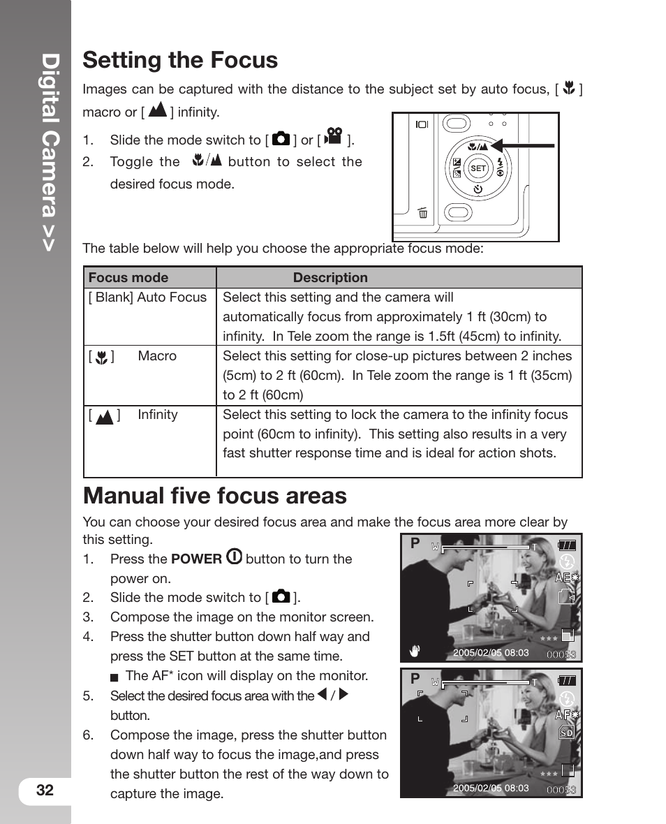 Digital camera, Setting the focus, Manual ﬁve focus areas | Sealife DC 600 User Manual | Page 34 / 104