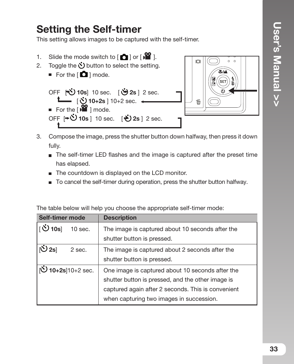 User’ s manual, Setting the self-timer | Sealife DC 600 User Manual | Page 35 / 104