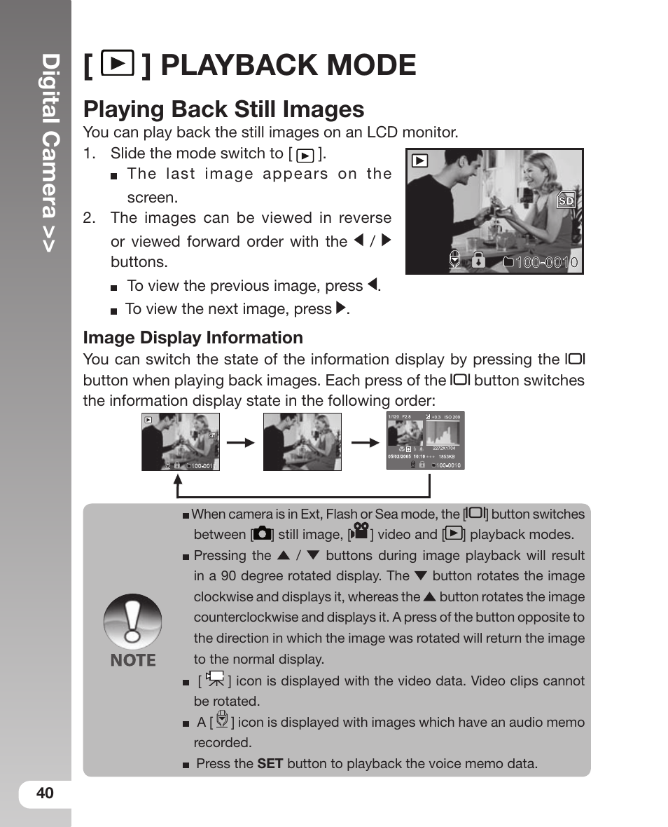 Playback mode, Digital camera, Playing back still images | Image display information | Sealife DC 600 User Manual | Page 42 / 104