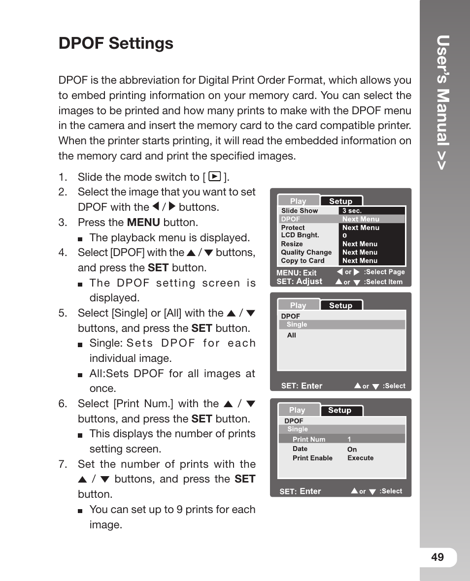 User’ s manual, Dpof settings | Sealife DC 600 User Manual | Page 51 / 104