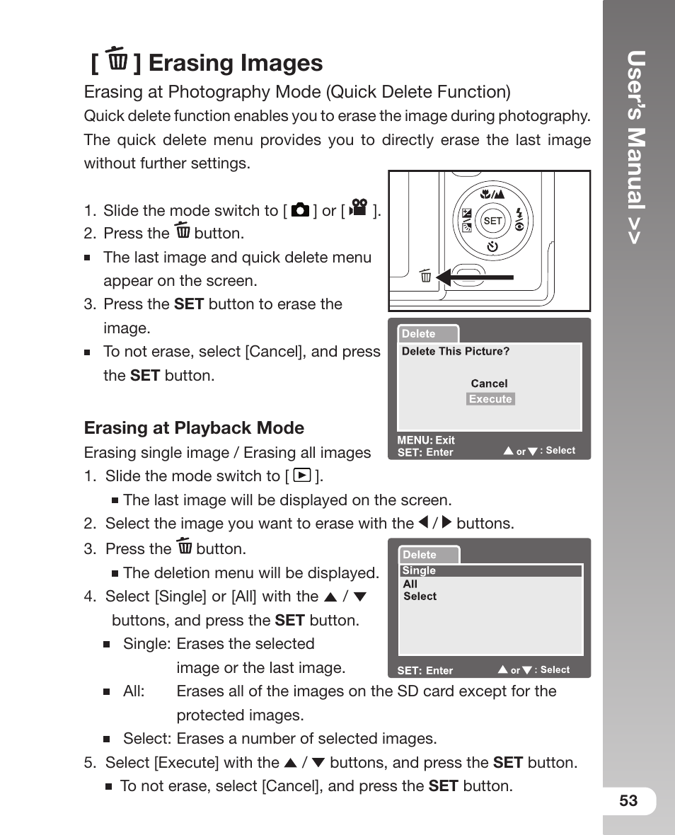 User’ s manual, Erasing images | Sealife DC 600 User Manual | Page 55 / 104