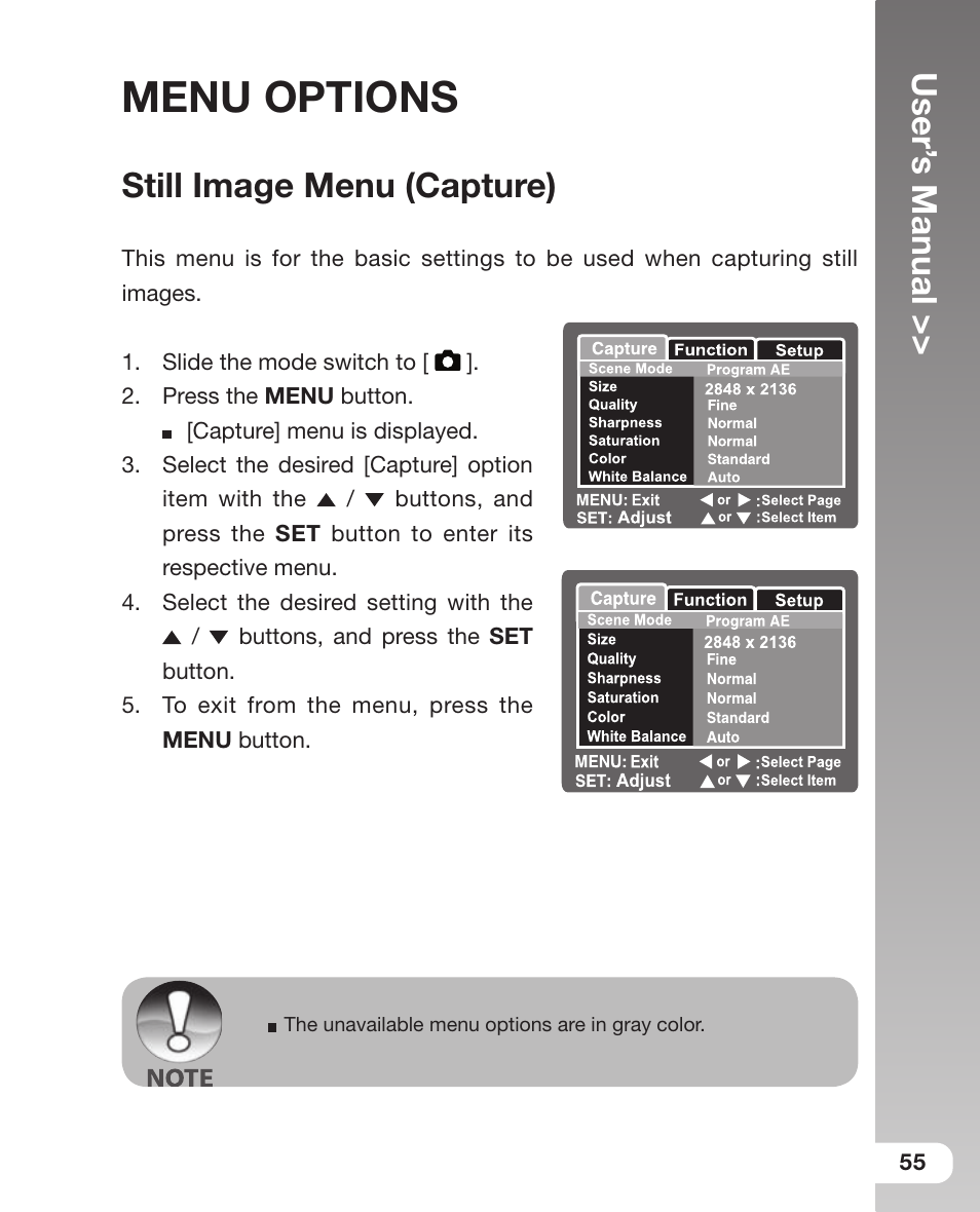 Menu options, User’ s manual, Still image menu (capture) | Sealife DC 600 User Manual | Page 57 / 104