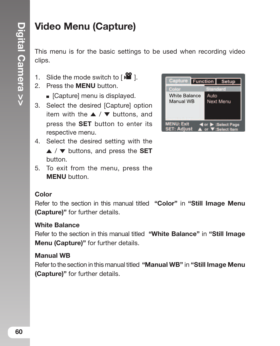 Digital camera, Video menu (capture) | Sealife DC 600 User Manual | Page 62 / 104