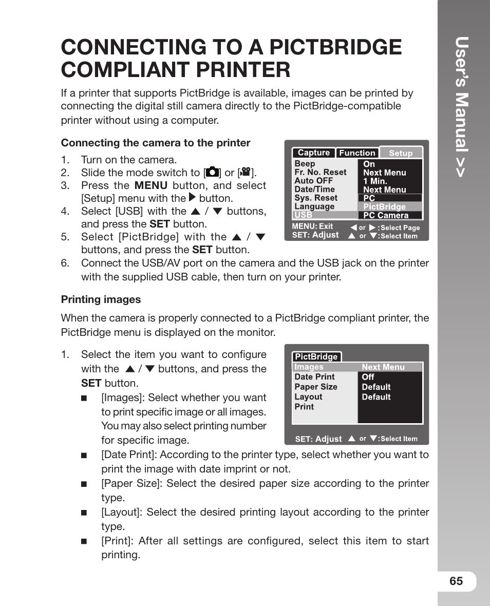 Connecting to a pictbridge compliant printer, User’ s manual | Sealife DC 600 User Manual | Page 67 / 104