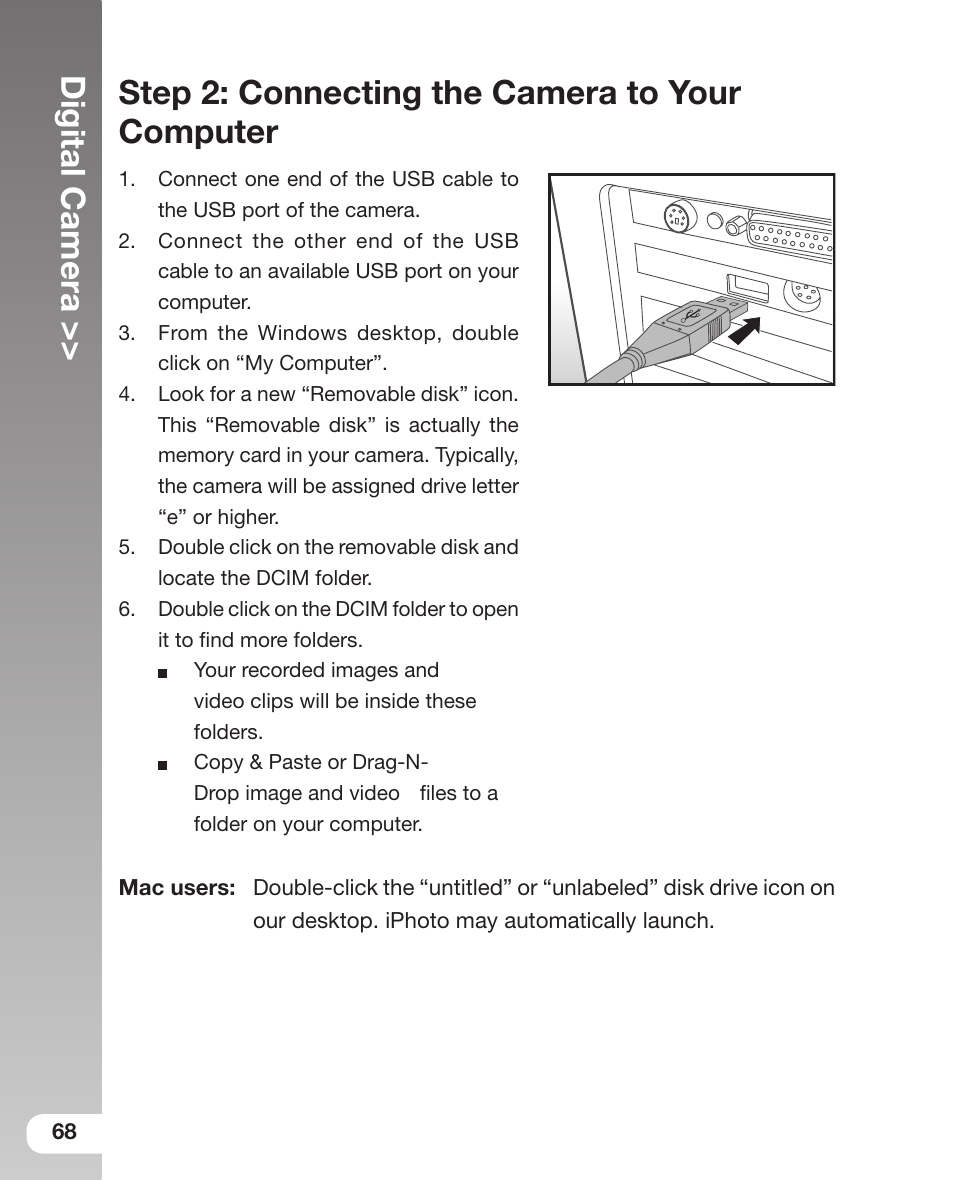 Digital camera, Step 2: connecting the camera to your computer | Sealife DC 600 User Manual | Page 70 / 104