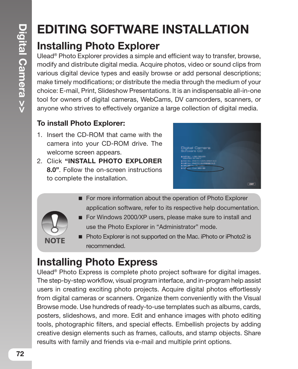 Editing software installation, Digital camera, Installing photo express | Installing photo explorer | Sealife DC 600 User Manual | Page 74 / 104