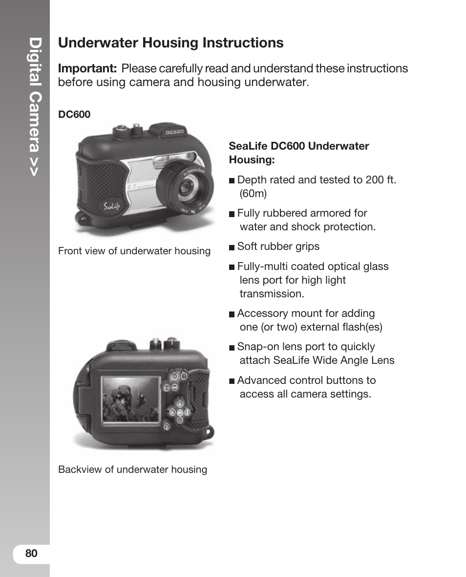 Digital camera, Underwater housing instructions | Sealife DC 600 User Manual | Page 82 / 104