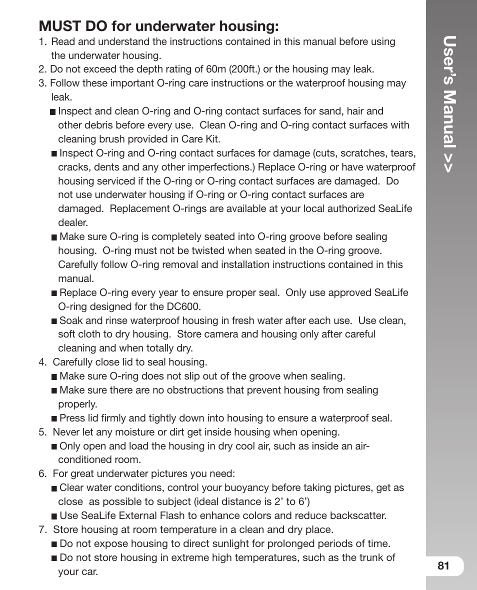 User’ s manual, Must do for underwater housing | Sealife DC 600 User Manual | Page 83 / 104