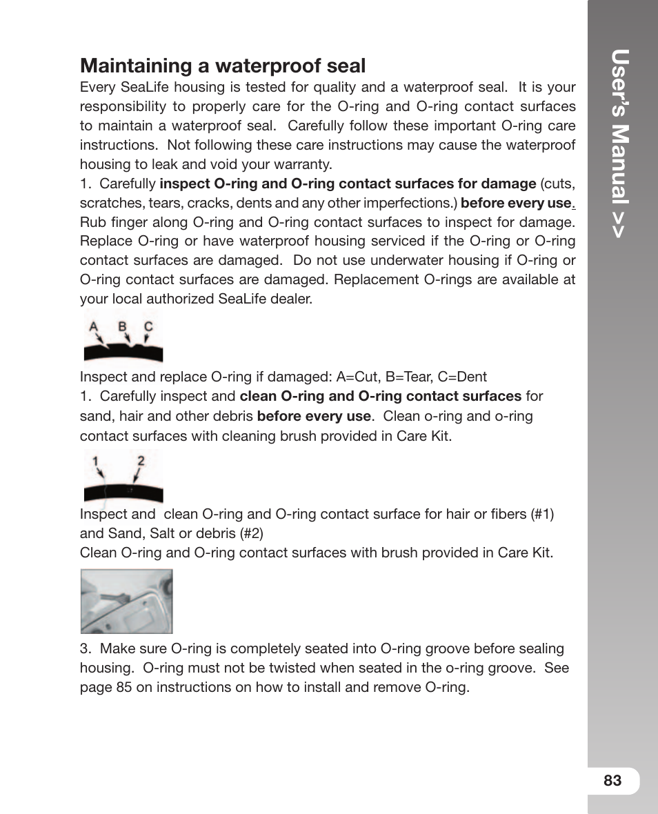 User’ s manual, Maintaining a waterproof seal | Sealife DC 600 User Manual | Page 85 / 104