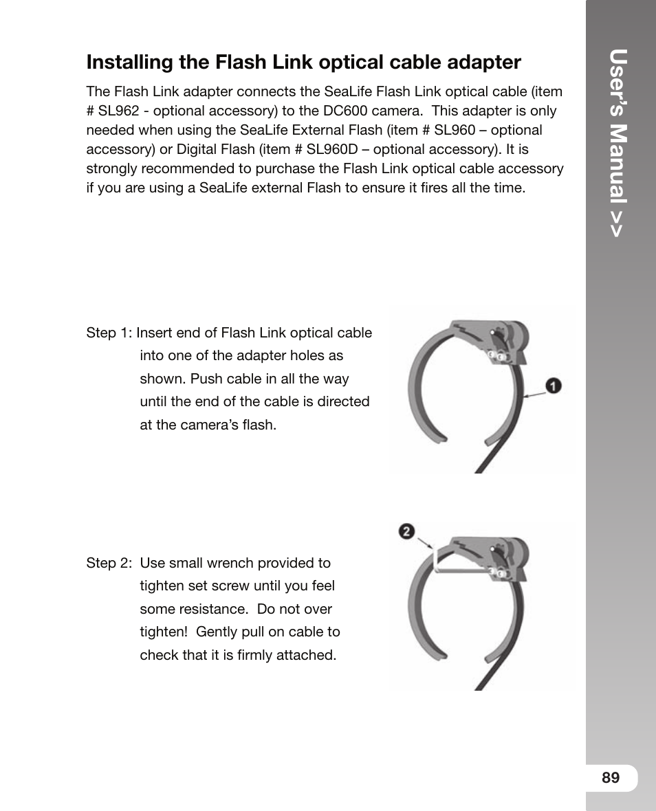 User’ s manual, Installing the flash link optical cable adapter | Sealife DC 600 User Manual | Page 91 / 104