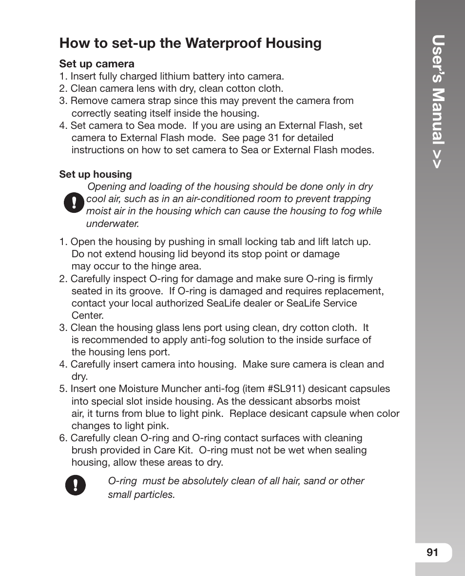 User’ s manual, How to set-up the waterproof housing | Sealife DC 600 User Manual | Page 93 / 104