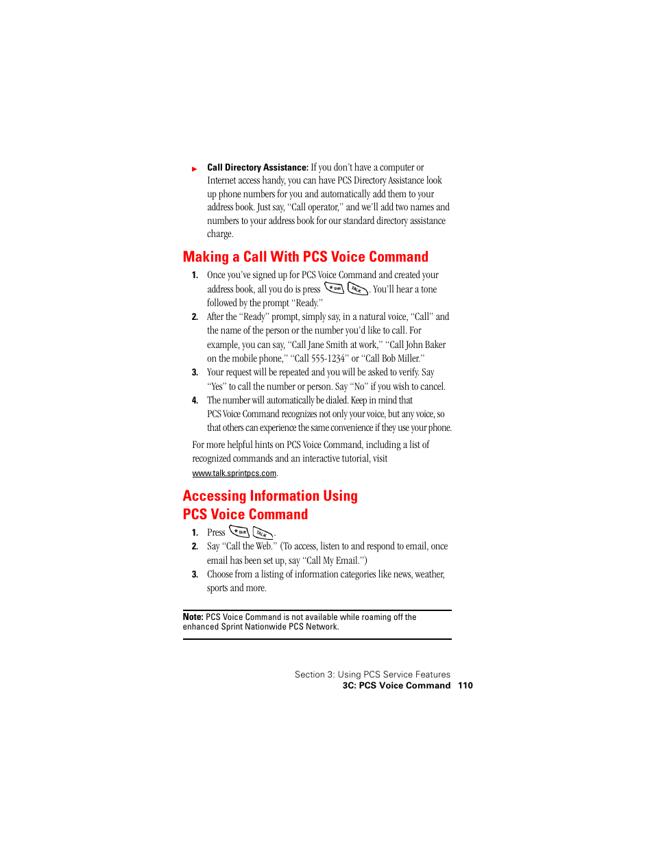 Making a call with pcs voice command, Accessing information using pcs voice command | Samsung SPH-N400 User Manual | Page 111 / 131