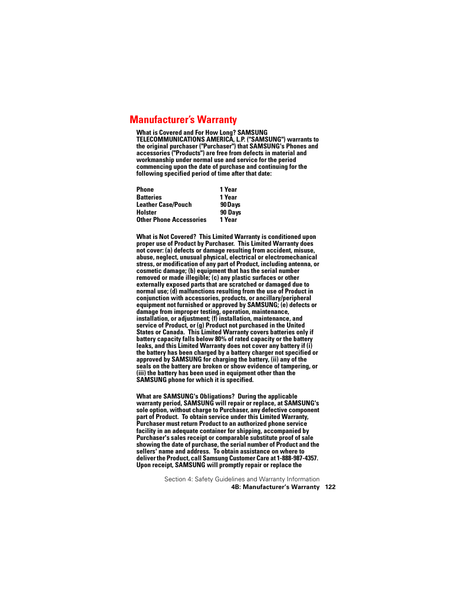 Manufacturer’s warranty | Samsung SPH-N400 User Manual | Page 123 / 131