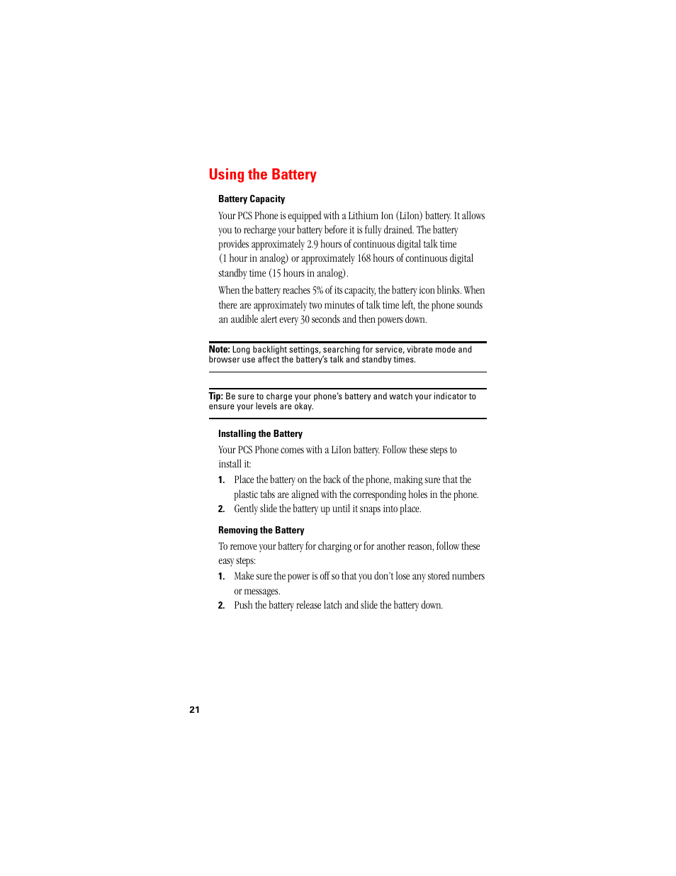 Using the battery | Samsung SPH-N400 User Manual | Page 22 / 131
