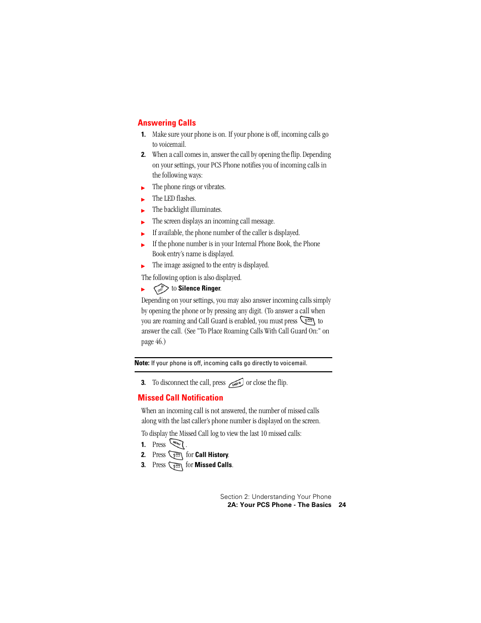 Answering calls, Missed call notification | Samsung SPH-N400 User Manual | Page 25 / 131