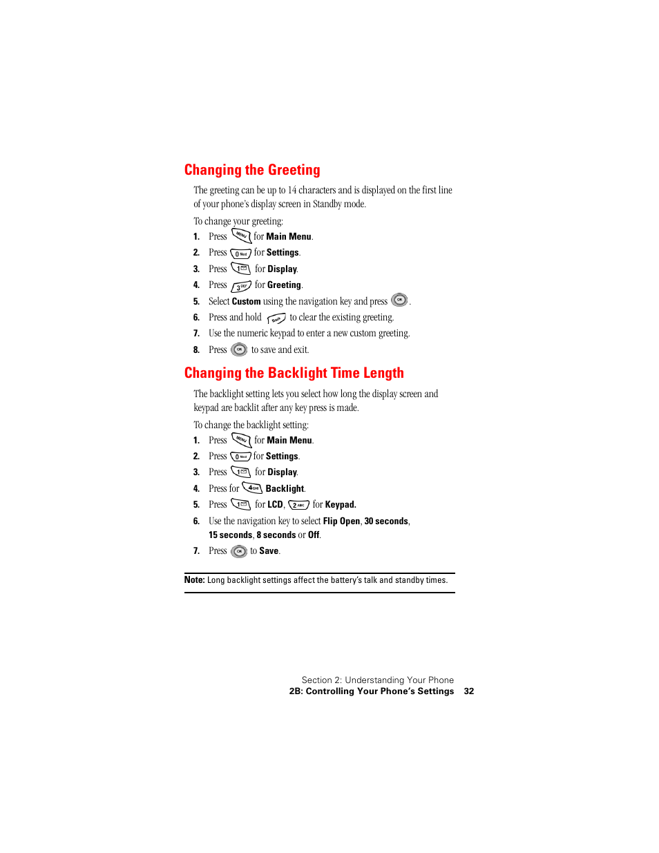 Changing the greeting, Changing the backlight time length | Samsung SPH-N400 User Manual | Page 33 / 131