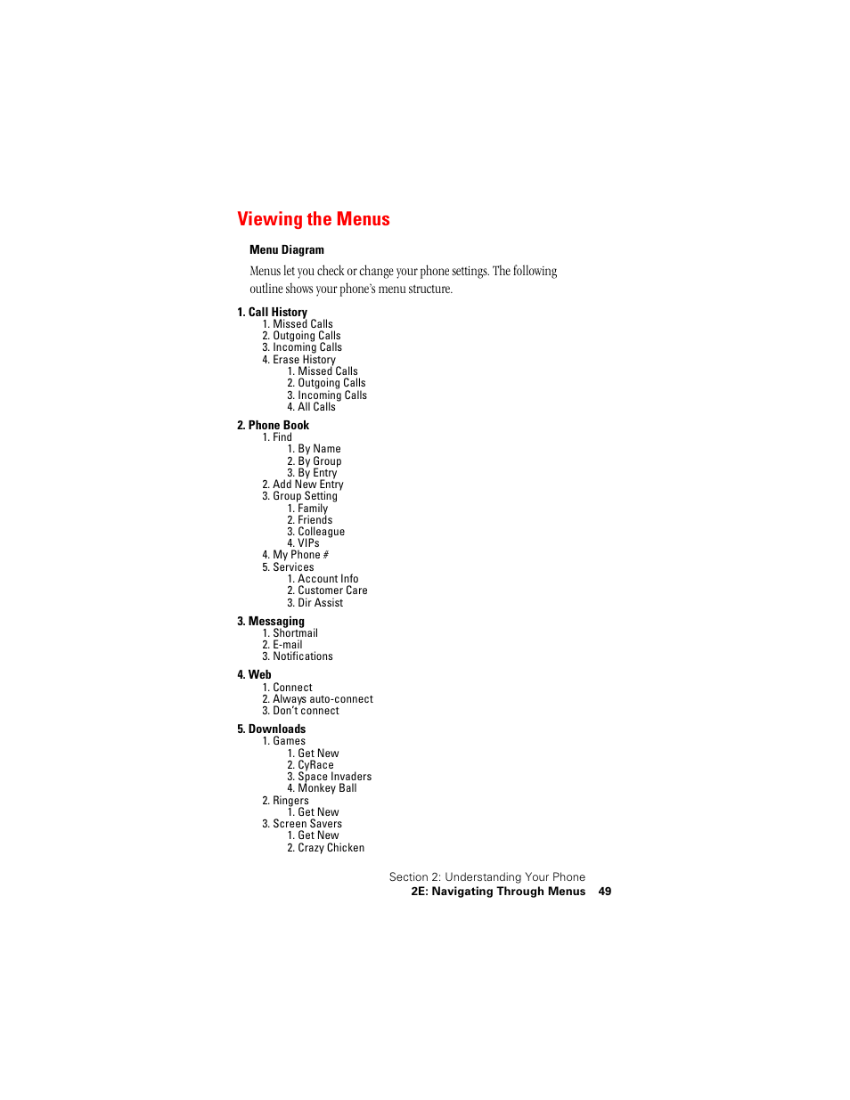 Viewing the menus | Samsung SPH-N400 User Manual | Page 50 / 131