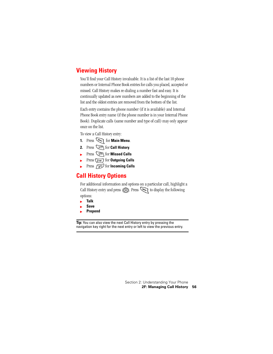 Viewing history, Call history options | Samsung SPH-N400 User Manual | Page 57 / 131