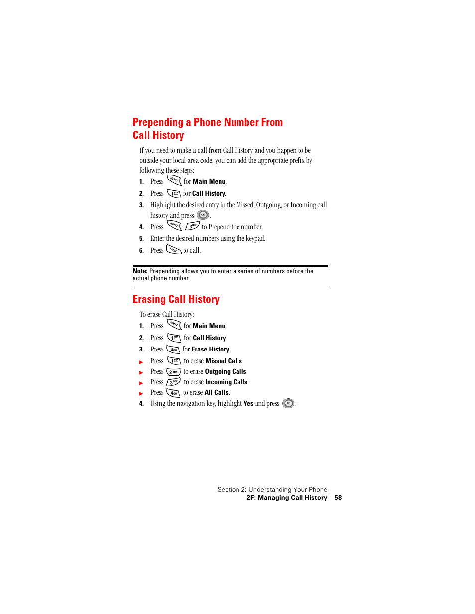 Prepending a phone number from call history, Erasing call history | Samsung SPH-N400 User Manual | Page 59 / 131