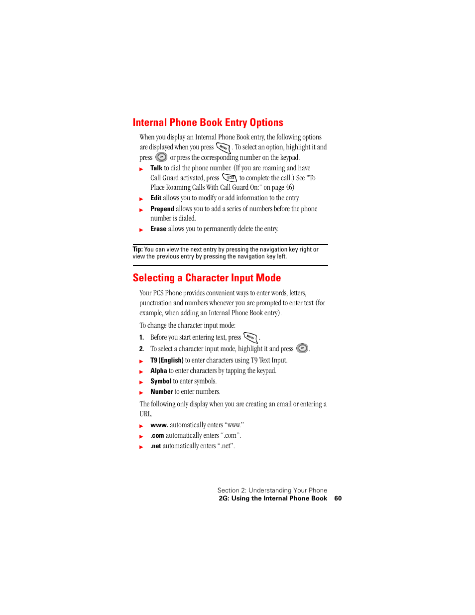 Internal phone book entry options, Selecting a character input mode | Samsung SPH-N400 User Manual | Page 61 / 131