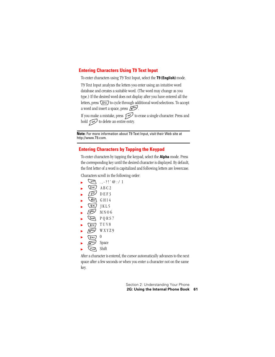 Entering characters using t9 text input, Entering characters by tapping the keypad | Samsung SPH-N400 User Manual | Page 62 / 131